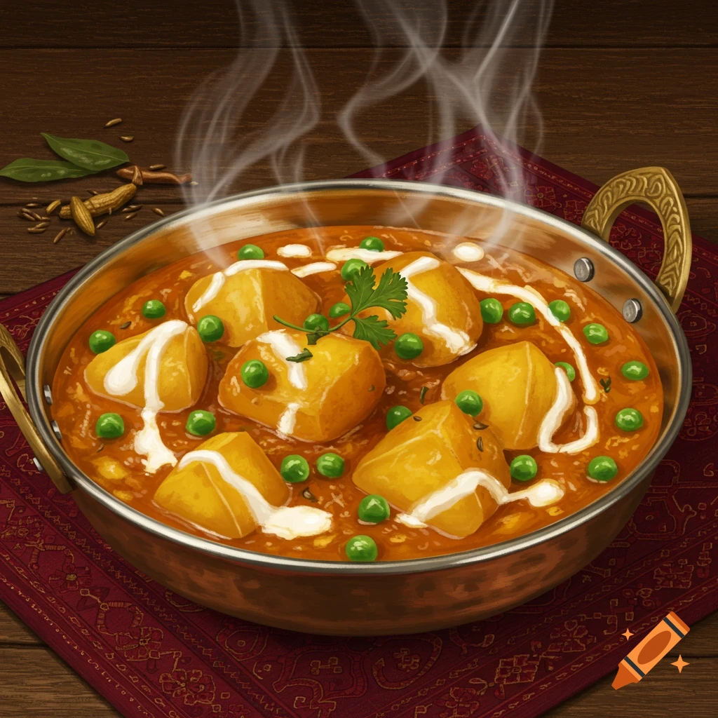 Delicious steaming Indian Aloo Matar curry in a copper bowl with potatoes, peas, and cream on a wooden table.
