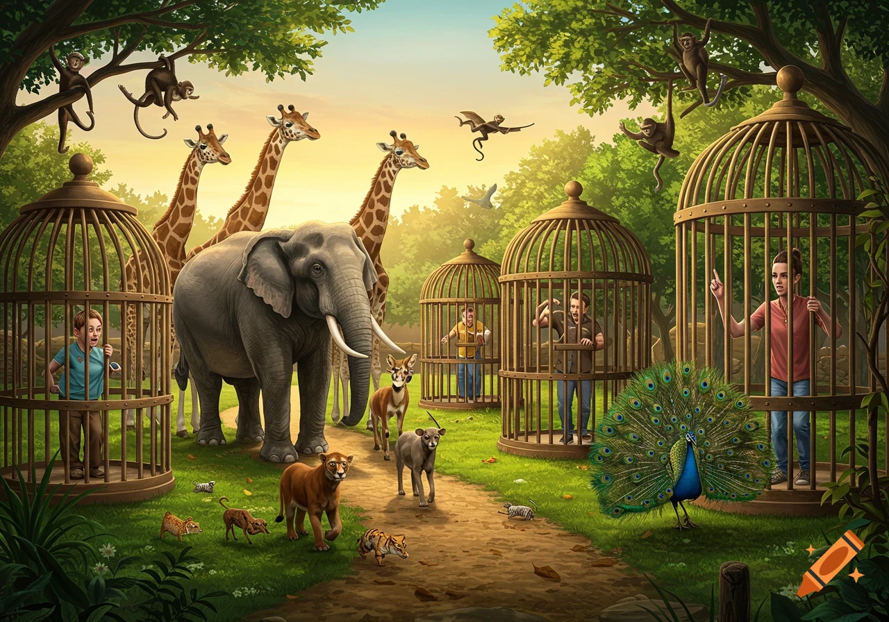An illustration of a surreal zoo where various animals roam freely, while humans are confined in large wooden cages.