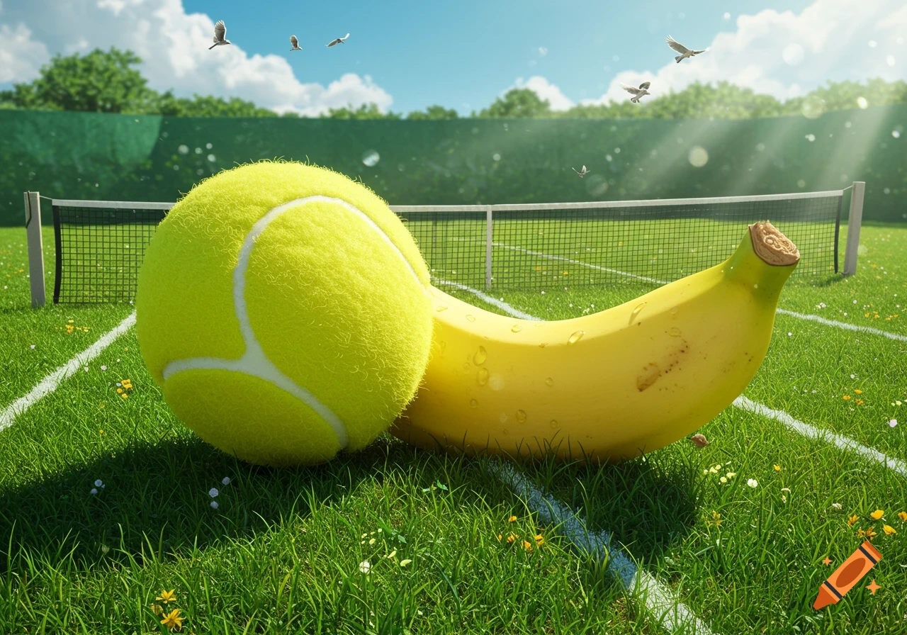 A large tennis ball and a banana rest on a green tennis court under a sunny sky.