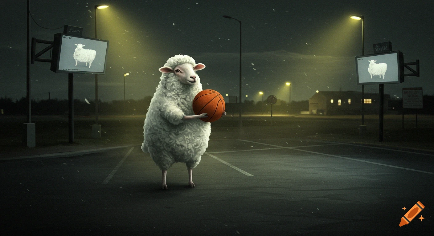 A fluffy white sheep stands on two legs, holding a basketball in a dimly lit parking lot at night, with streetlights and screens showing sheep in the background.