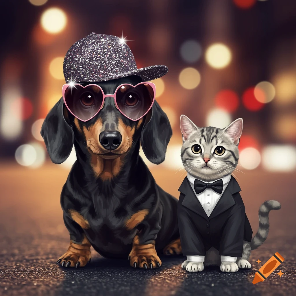A dachshund dog in a glittery baseball cap and pink heart sunglasses sits next to a tabby cat wearing a black tuxedo, against a blurred city lights background.