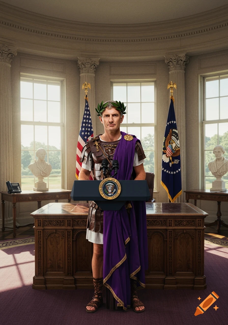 A man dressed as a Roman emperor, complete with laurel wreath and purple toga, stands behind a presidential podium in the Oval Office, looking directly at the viewer.