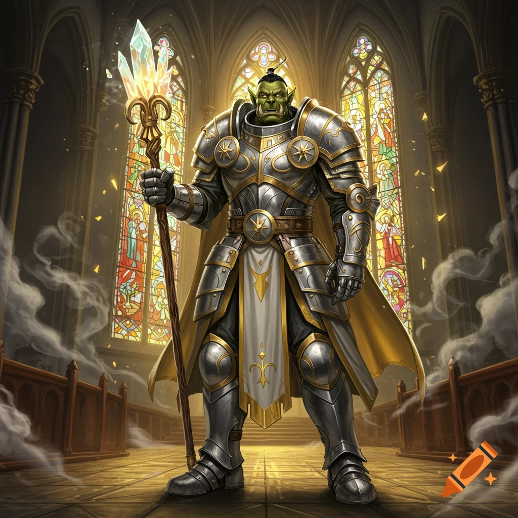 A green-skinned orc cleric in ornate silver and gold armor holds a glowing crystal staff in a grand church with stained glass windows.