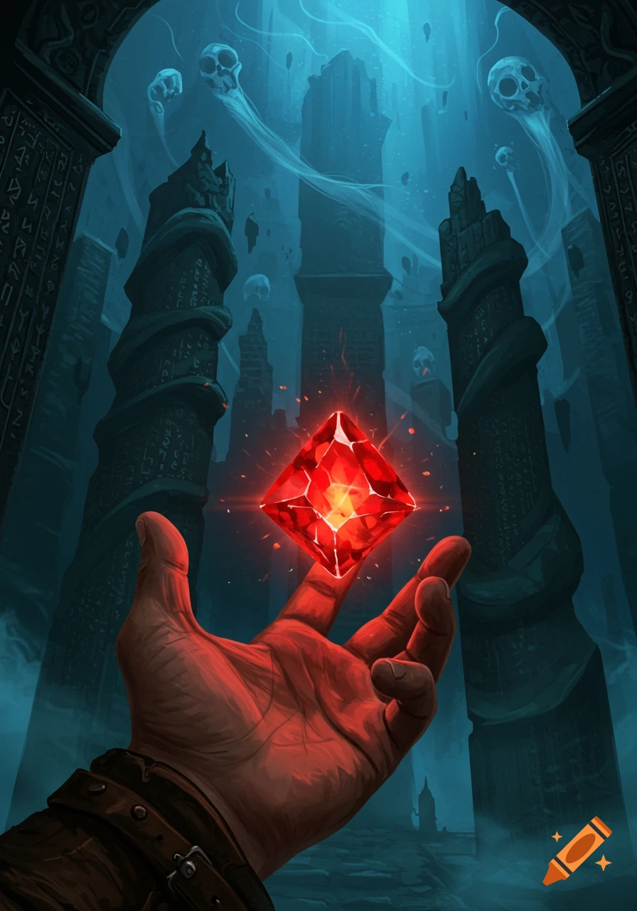 Adventurer's hand holding a glowing red ruby in a dark, ominous labyrinth with floating skull wisps, in a fantasy art style.