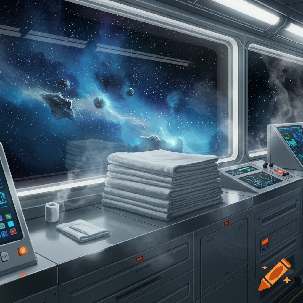 A stack of fresh white towels on a futuristic control panel inside a space station, with a view of a nebula and asteroids through the window.