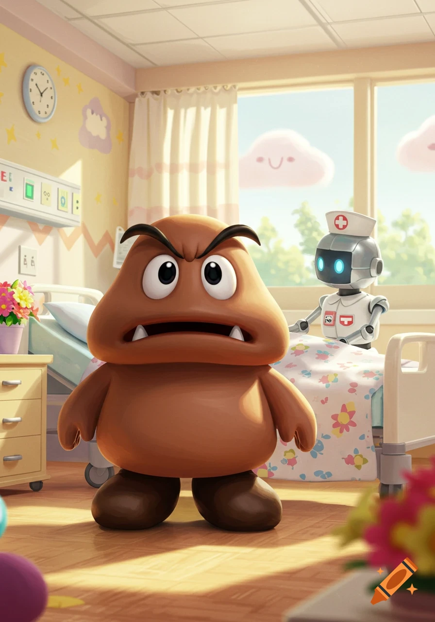 An angry Goomba stands in a hospital room with a robot nurse by a bed, cartoon style.