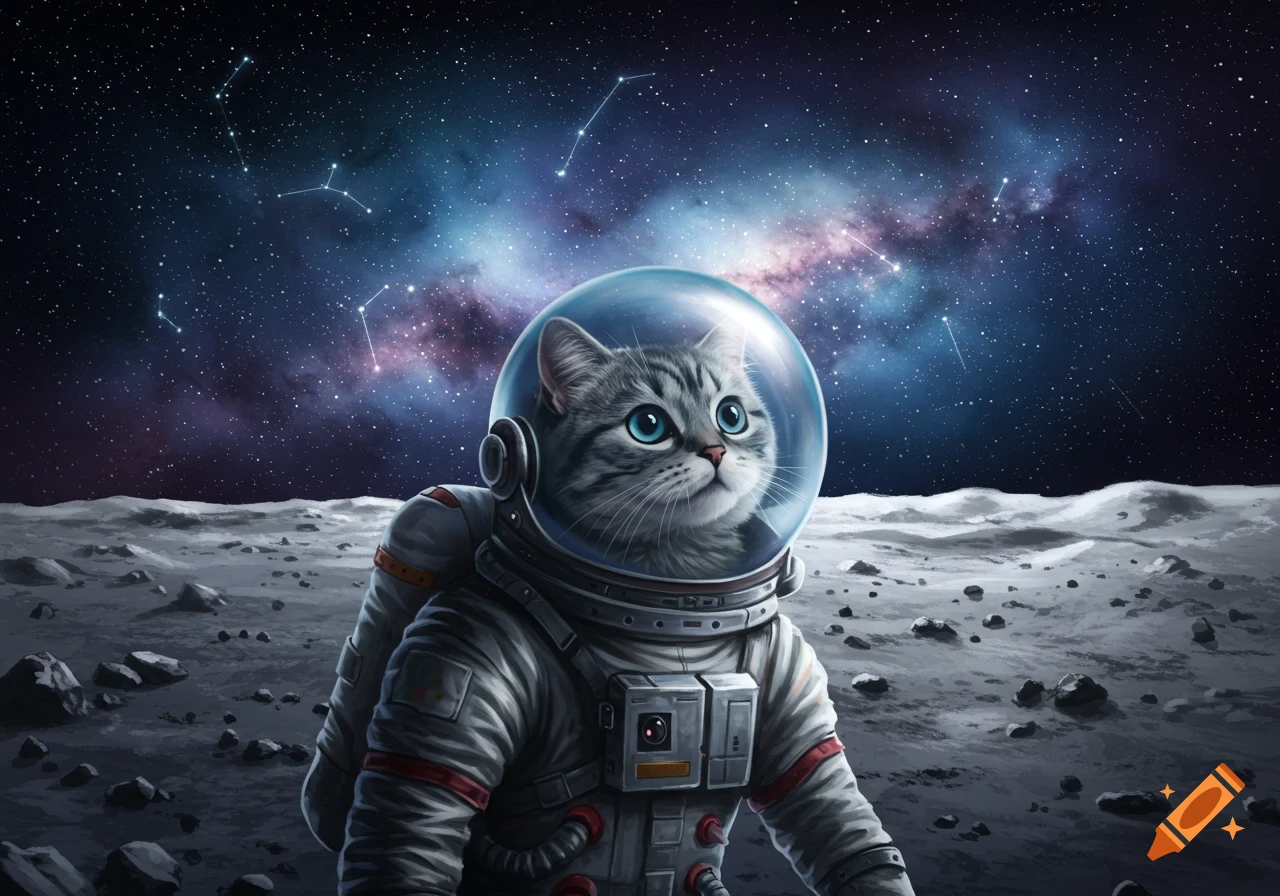 A cute tabby cat in an astronaut suit stands on the moon, looking up at a starry cosmic sky.
