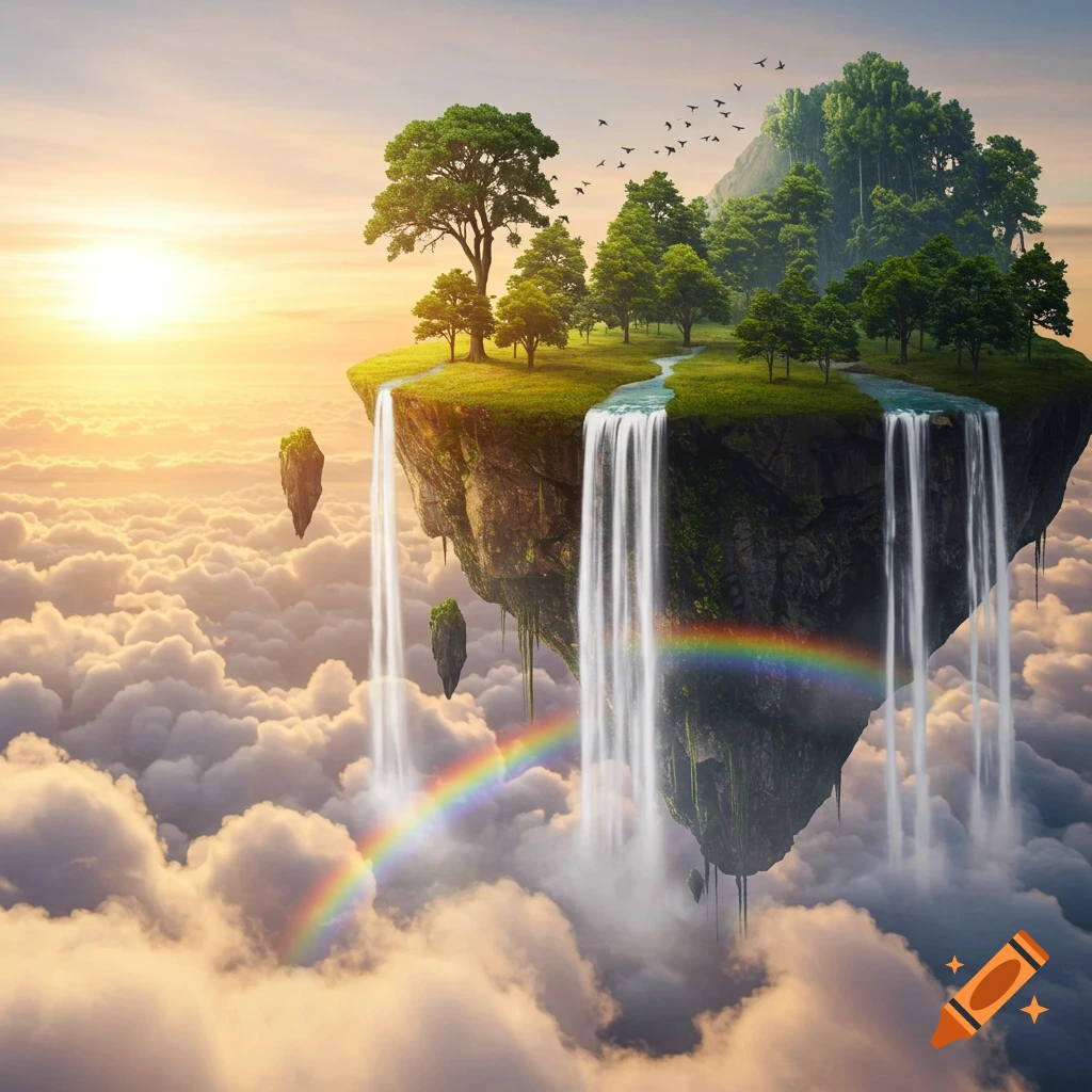 A majestic floating island with lush trees and waterfalls cascading into a sea of clouds, illuminated by a sunset and a rainbow.