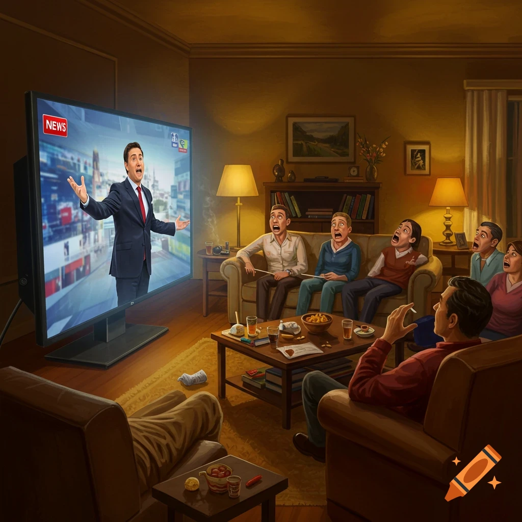 Illustrative scene of people in a living room reacting with shock to a news anchor appearing to step out of a large TV screen.