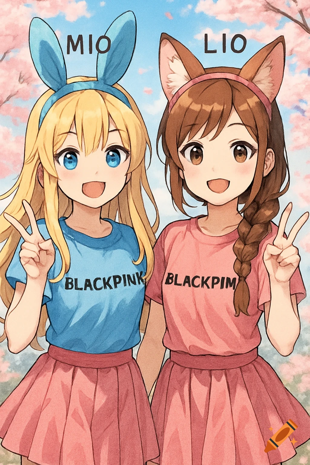Two smiling anime girls make peace signs. One blonde wears blue bunny ears and a 'BLACKPINK' shirt; the brunette wears fox ears and a 'BLACKPIM' shirt. Both wear pink skirts with a cherry blossom background.