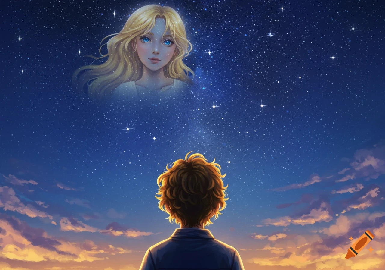 A boy with curly hair views a starry night sky with a faded blonde girl's face among the stars, in a dreamy anime art style.