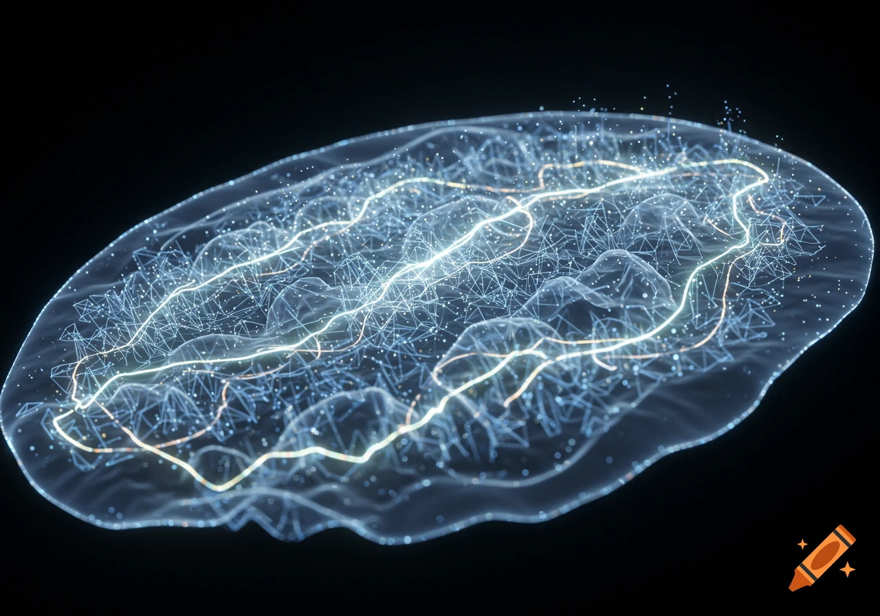 A glowing, transparent 3D diagram of a brain with light networks and signal waves on a dark background.