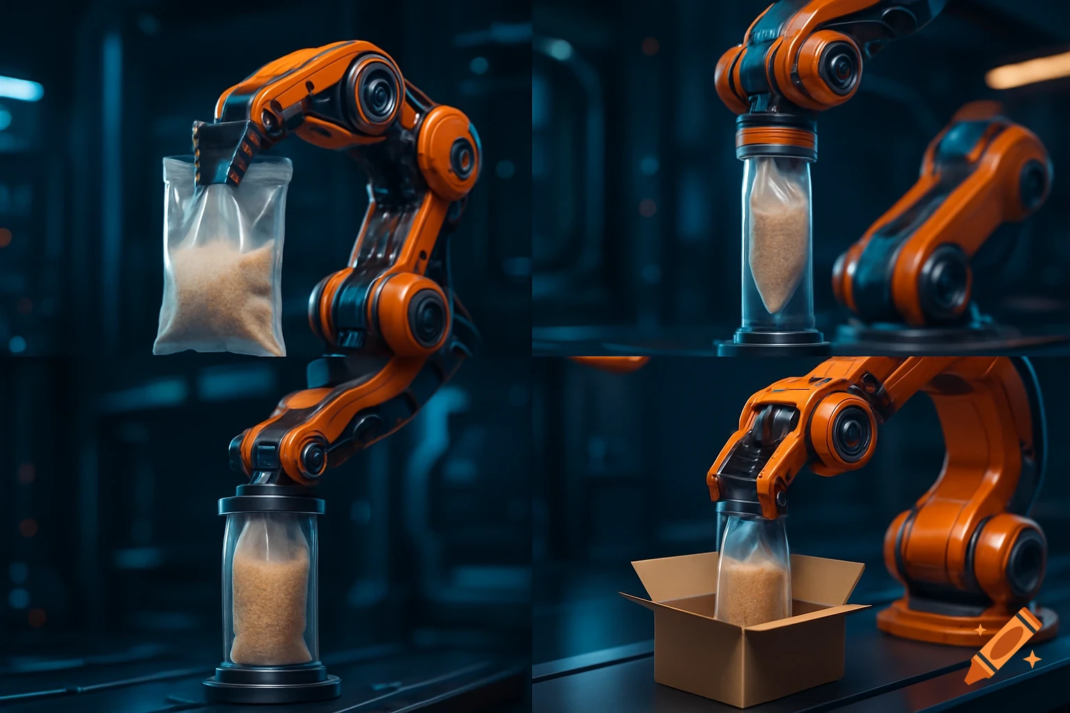An orange robot arm packages granular material from a bag, into a tube, and then into a box in a futuristic factory.