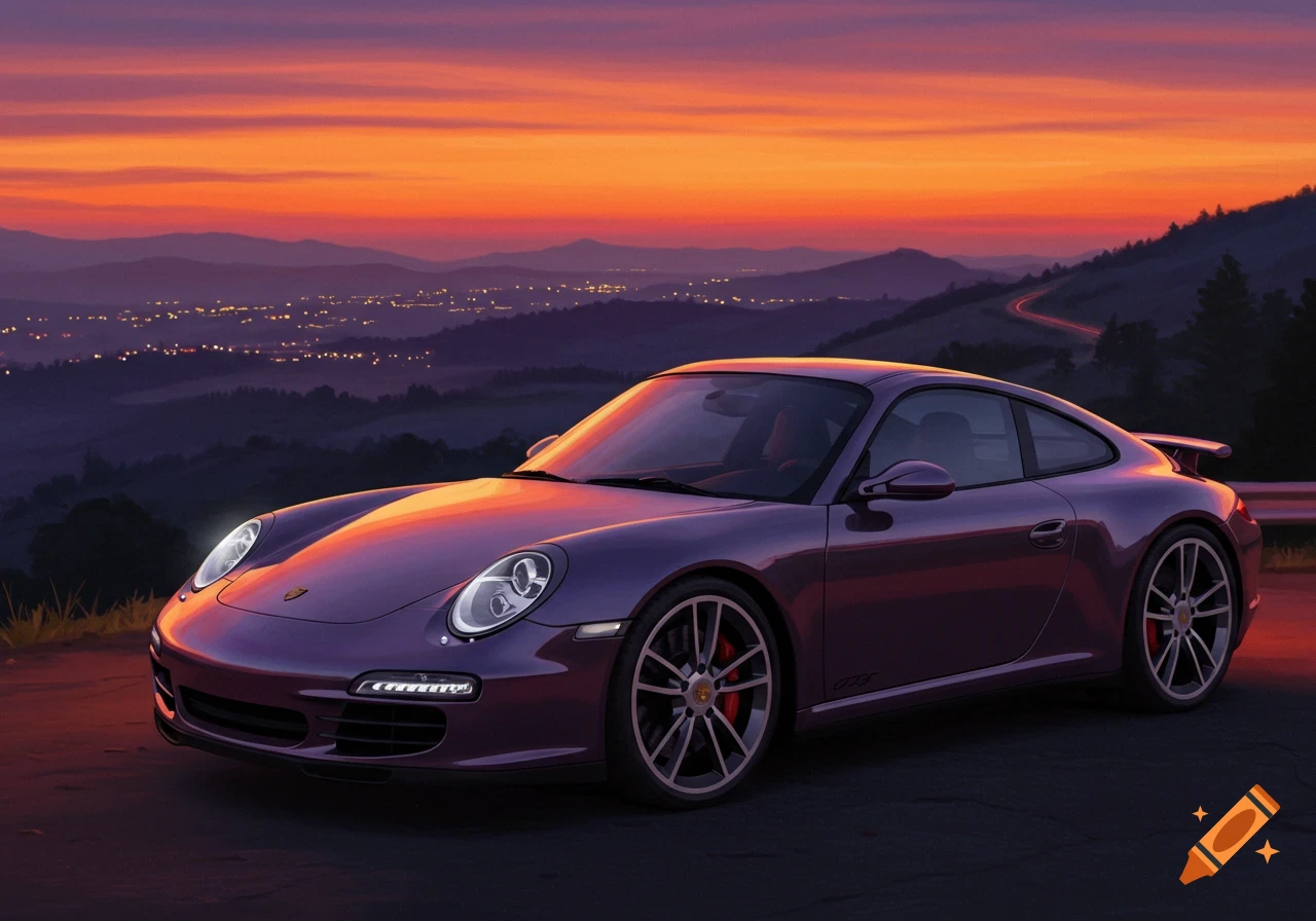 A purple Porsche sports car parked on a mountain road overlooking a city at sunset.