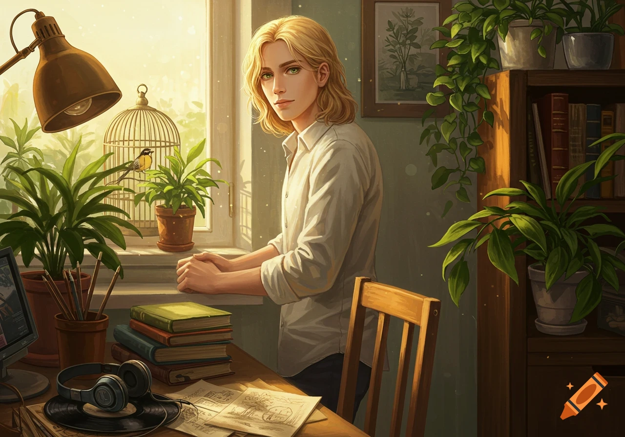 Anime-style illustration of a blonde, green-eyed young man in a cozy room with plants, books, headphones, and a birdcage.