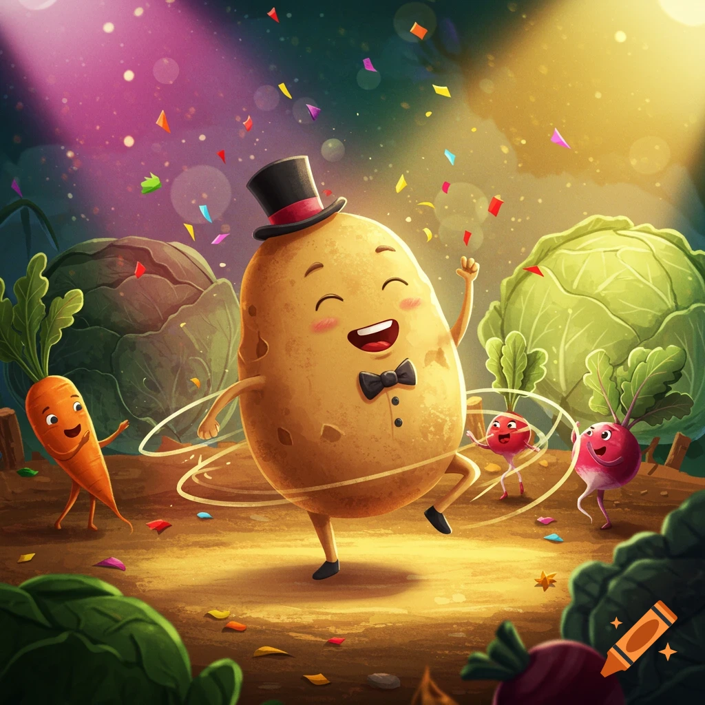 A cheerful anthropomorphic potato in a top hat and bowtie dances with a carrot and radishes under falling confetti in a vibrant cartoon garden.