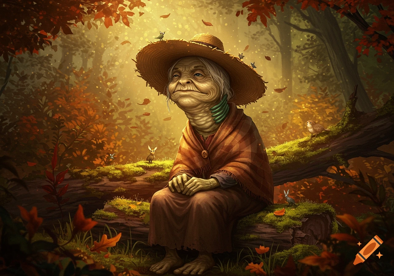 A stylized old woman with a large straw hat and bulging neck sits on a mossy log in a vibrant autumn forest with small creatures.