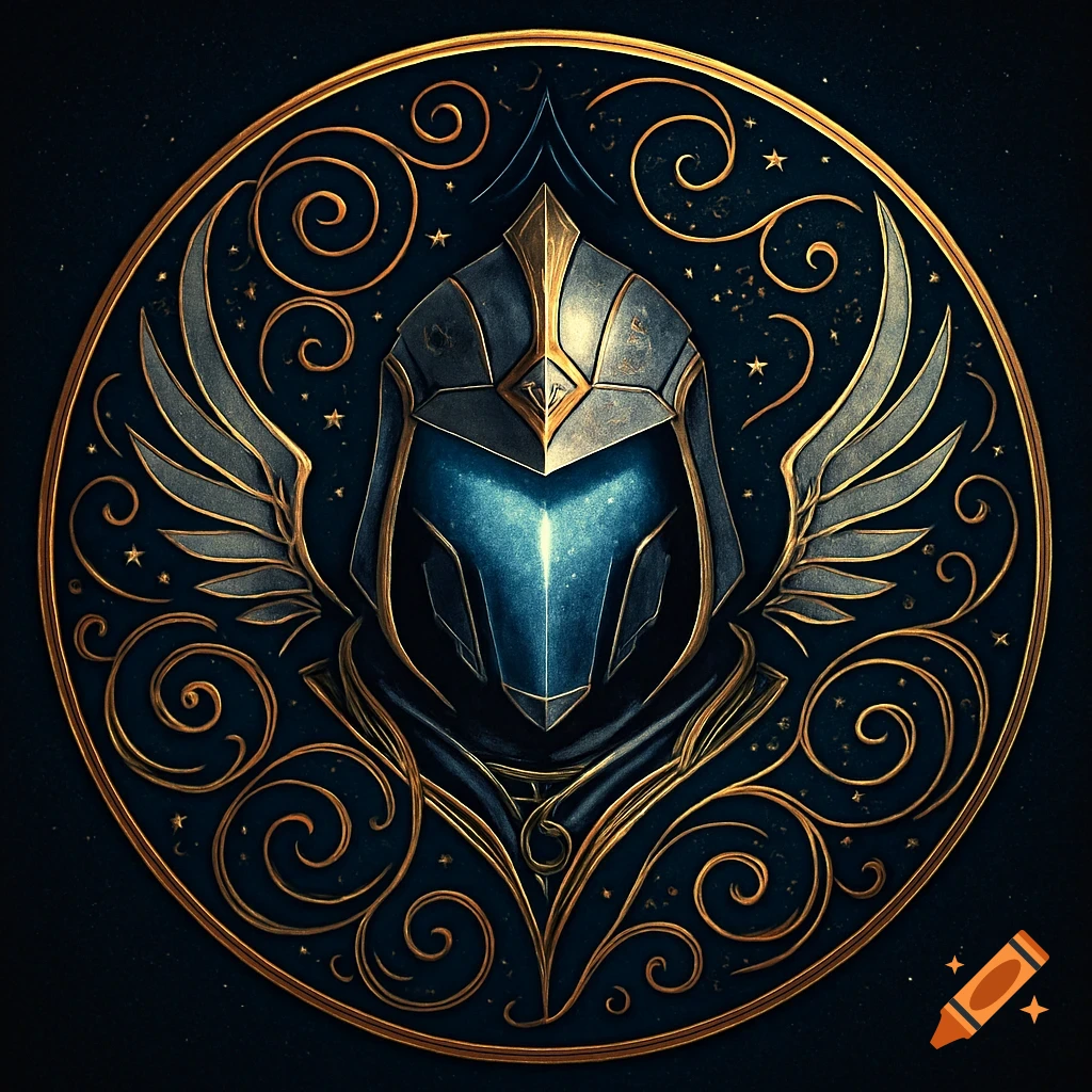 Ornate blue and gold winged helmet emblem with intricate swirling patterns and stars on a dark background.