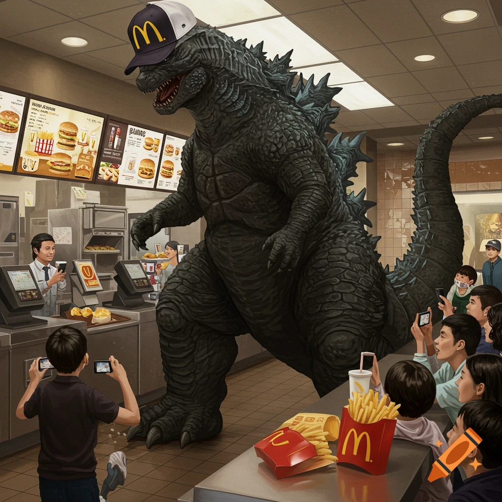 Giant Godzilla wearing a McDonald's hat inside a busy McDonald's restaurant, with customers taking photos. Stylized art.