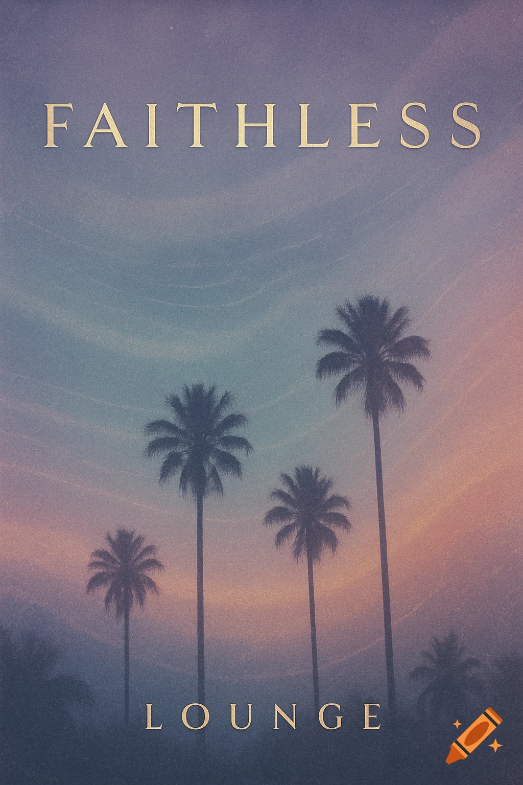 Golden text "FAITHLESS" and "LOUNGE" on a CD cover featuring silhouetted palm trees against a gradient sunset sky.