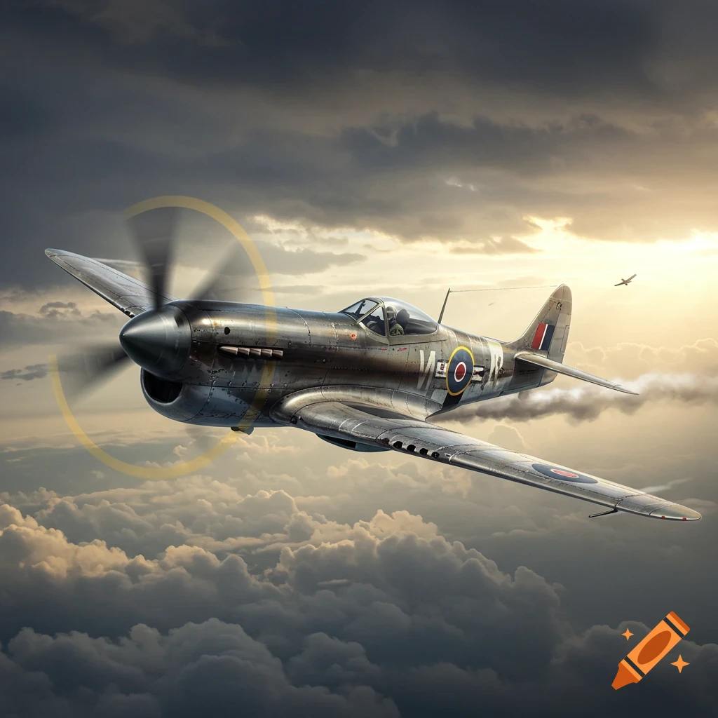 A detailed old fighter plane with a spinning propeller flies through a cloudy sky with sun breaking through.