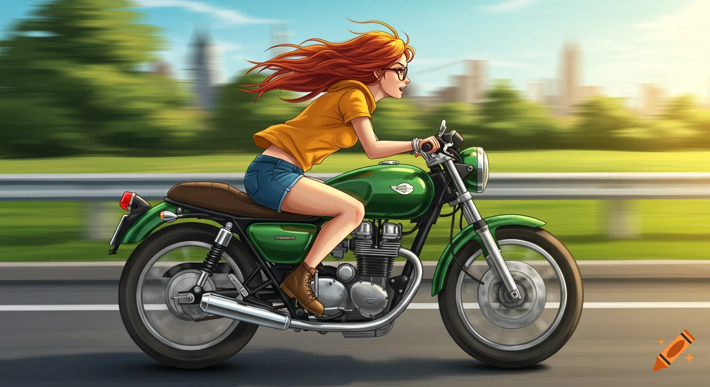 Cartoon illustration of a red-haired woman in glasses riding a green cafe racer motorcycle on a road, blurred background indicating speed.