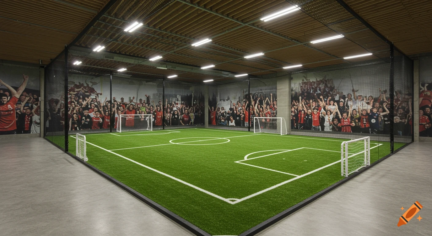 An indoor football court with artificial green grass, two goals, and murals of cheering crowds on the surrounding walls.