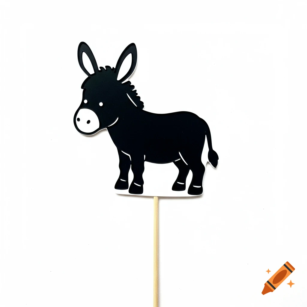 A simple black silhouette of a friendly donkey, standing on a wooden stick against a white background.
