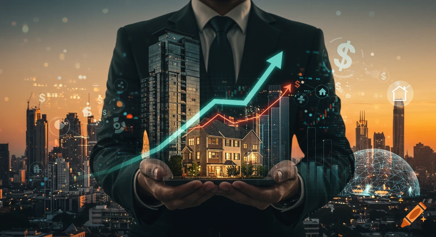 A businessperson holds a holographic display of a skyscraper, house, and financial growth charts over a city skyline at sunset, conceptual.