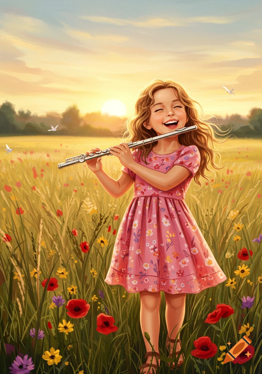 A joyful girl with long brown hair plays a flute in a vibrant field of wildflowers at sunset, in an illustration.