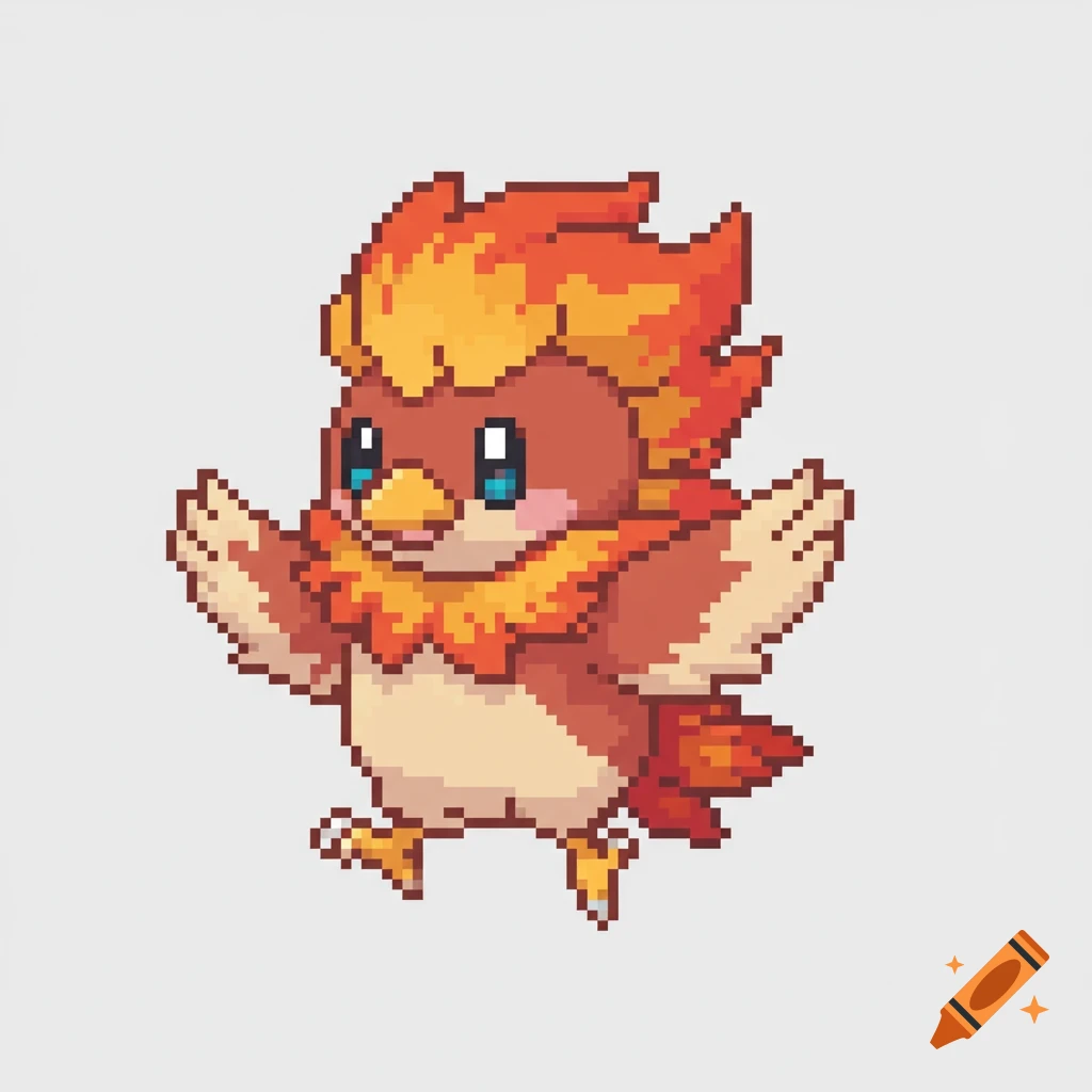 A cute, pixel-art, orange and red fire bird in a Pokémon-style, standing in a dynamic pose on a light background.