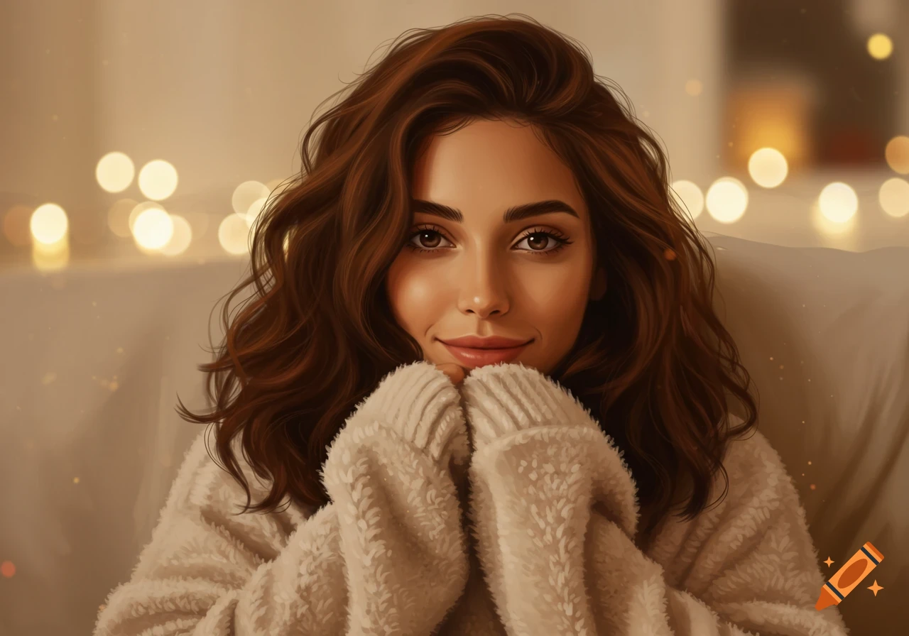 Stylized portrait of a young woman with brown hair, smiling dreamily, wearing a cozy cream sweater, with warm bokeh lights in the background.