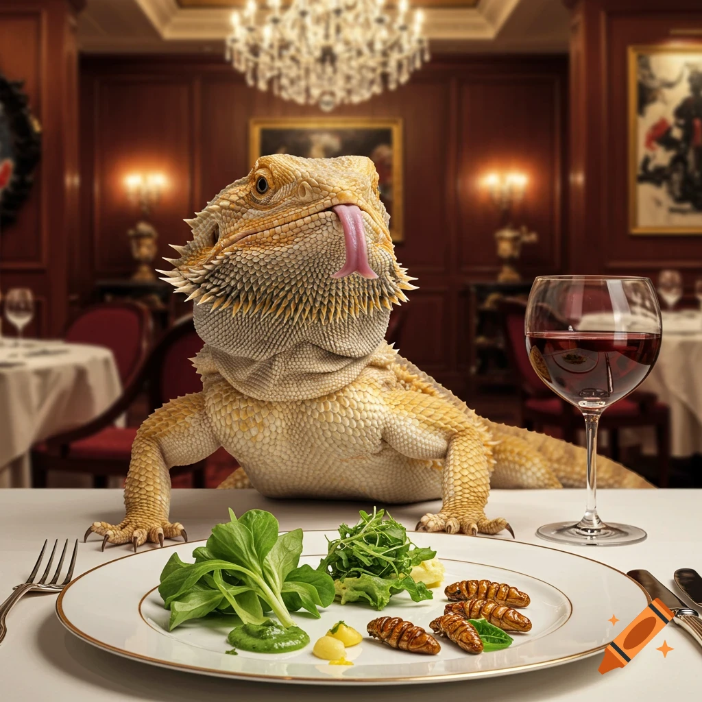 A photorealistic bearded dragon with its tongue out, sitting at a fine dining table with a plate of food and red wine.