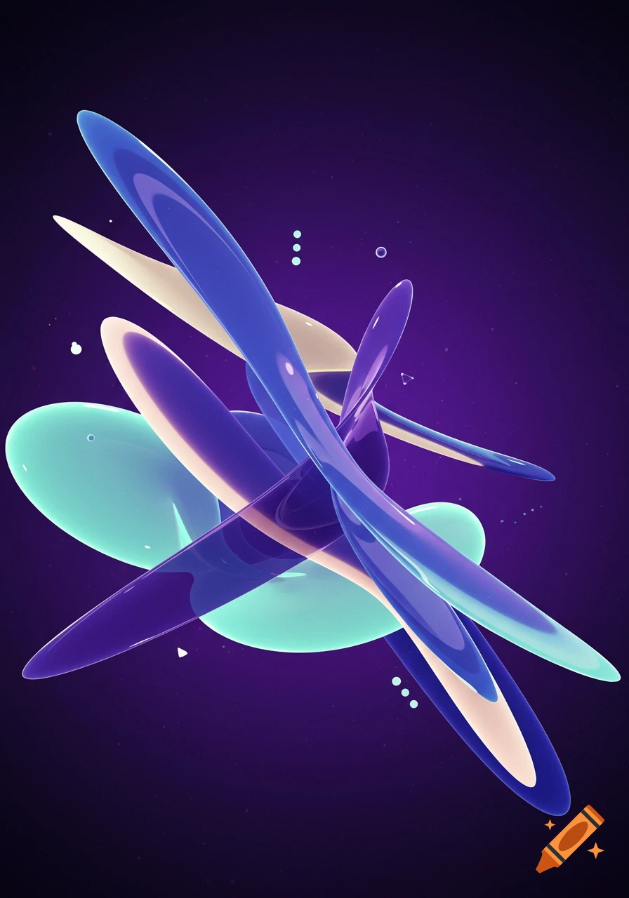 Glossy blue, purple, and cream abstract ribbon shapes intertwine with a light turquoise oval against a dark purple background, creating a futuristic digital composition.