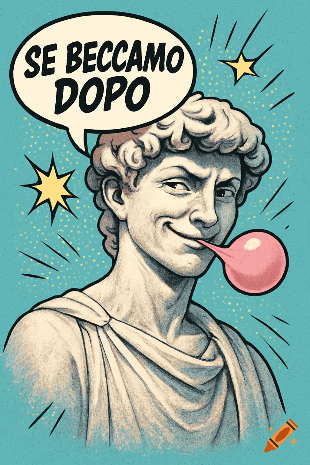 A smirking classical bust chewing bubblegum with a speech bubble saying 'SE BECCAMO DOPO' in comic art style.