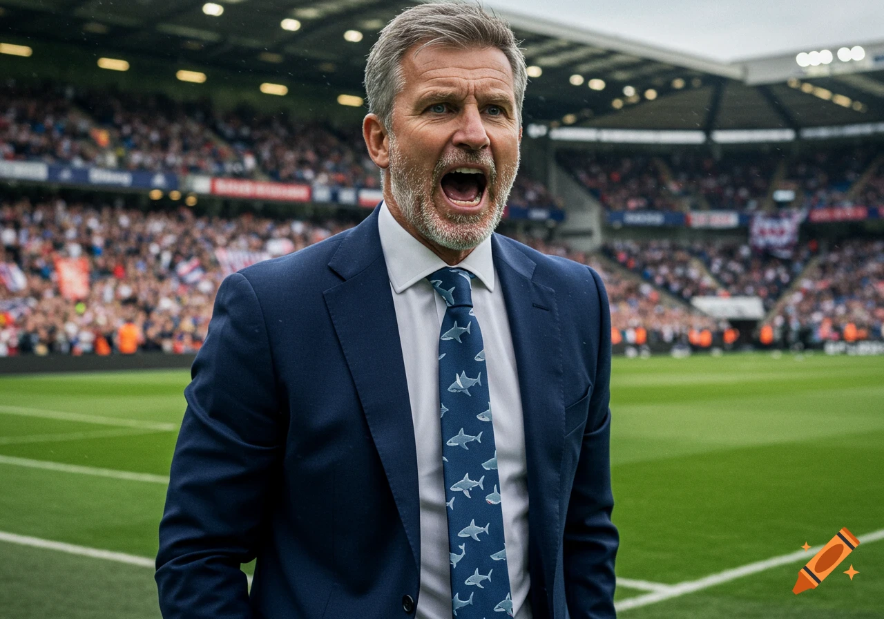 An angry English Premier League manager in a suit and shark-patterned tie yells on a football pitch during a game.
