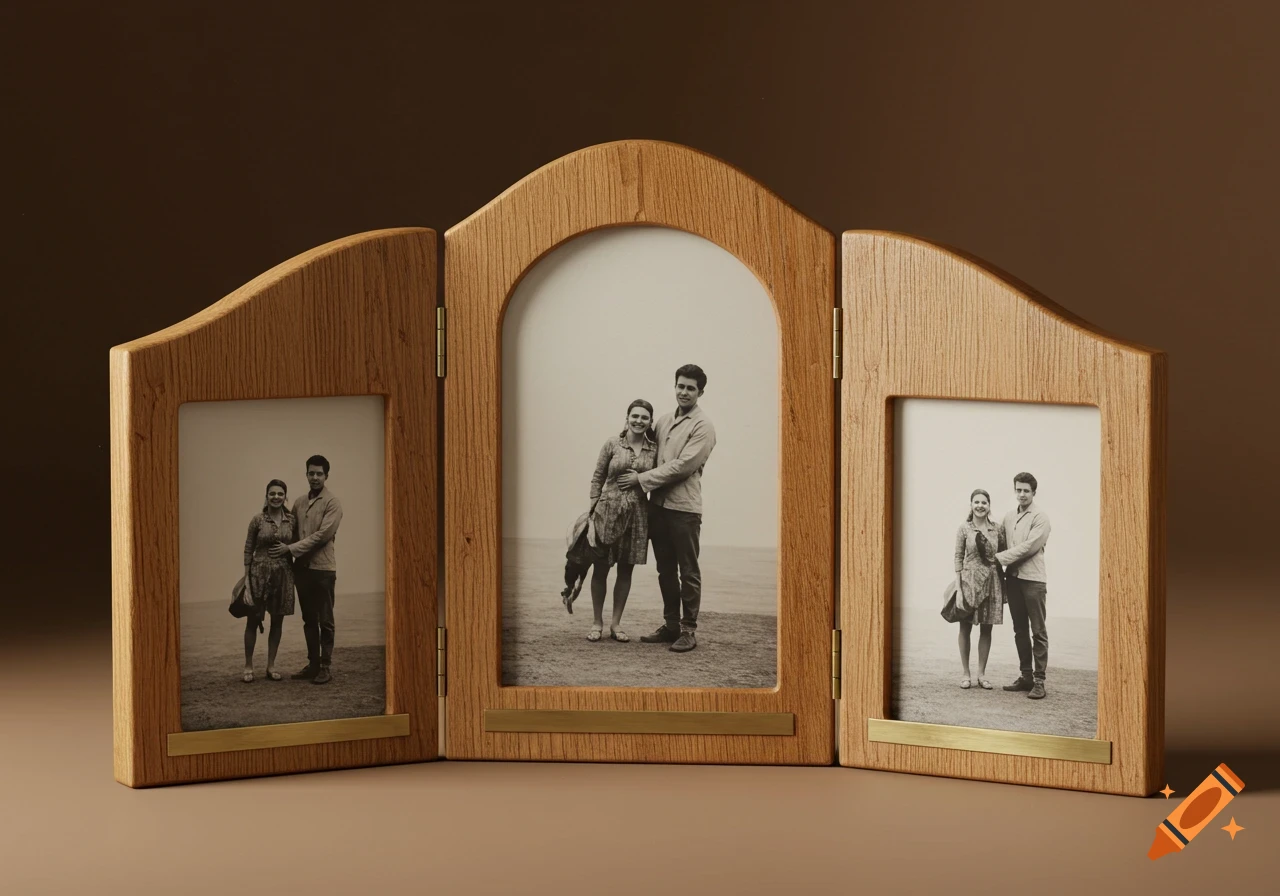 A light wooden three-panel photo frame with rounded tops and brass accents, holding black and white photos of a couple.