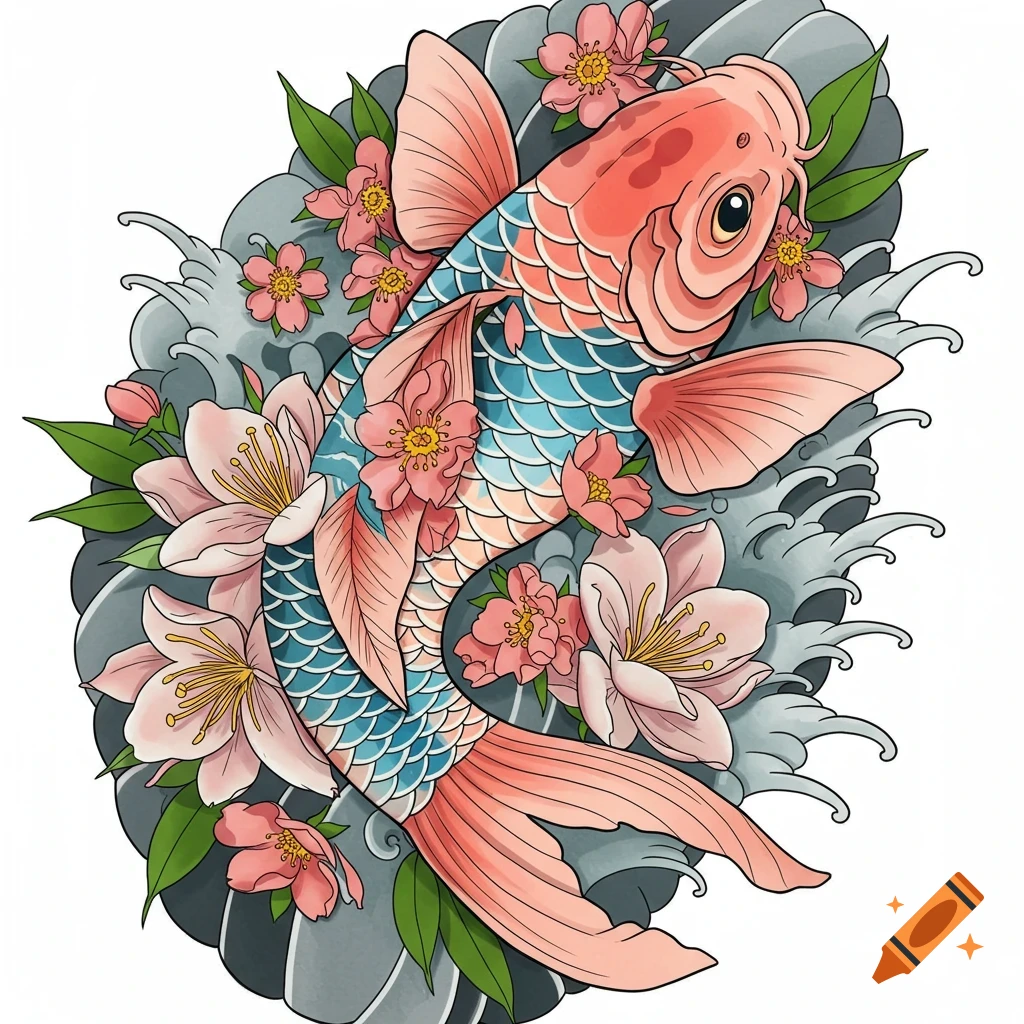 Stylized illustration of a blue and pink koi fish with cherry blossoms and gray waves.