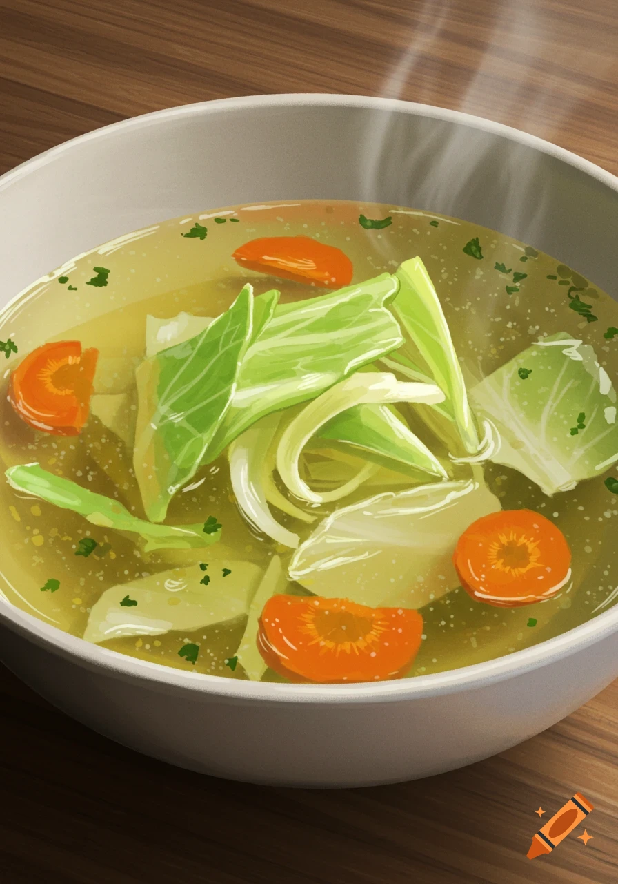 An illustrative drawing of a steaming bowl of clear soup with cabbage leaves, sliced carrots, and herbs on a wooden table.