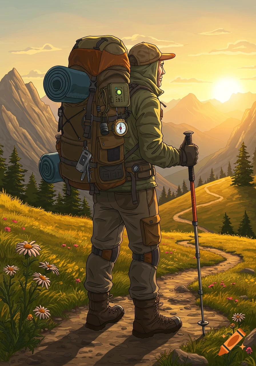 Stylized illustration of a hiker with a large backpack and trekking pole on a mountain path, watching the sunset.