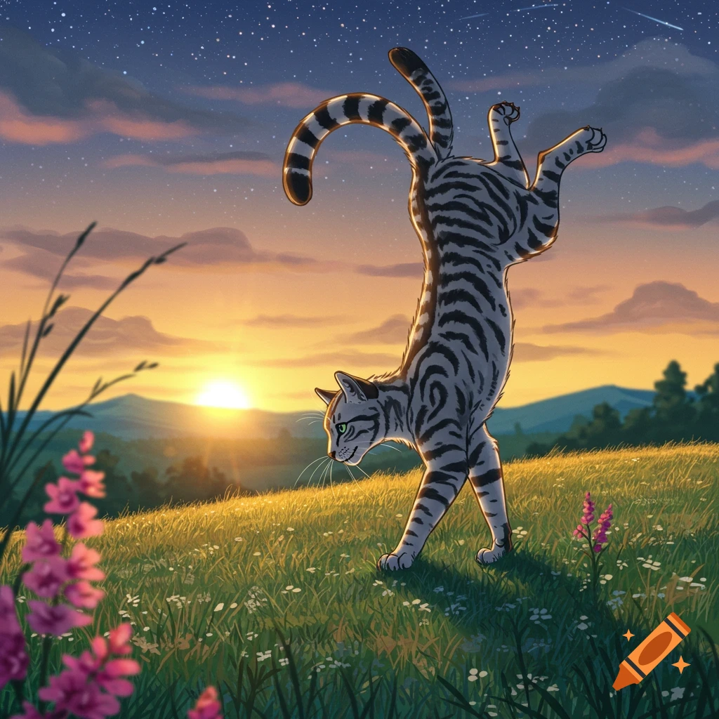 An illustrated grey tabby cat doing an exaggerated stretch in a grassy field with wildflowers at sunset, under a star-filled sky.
