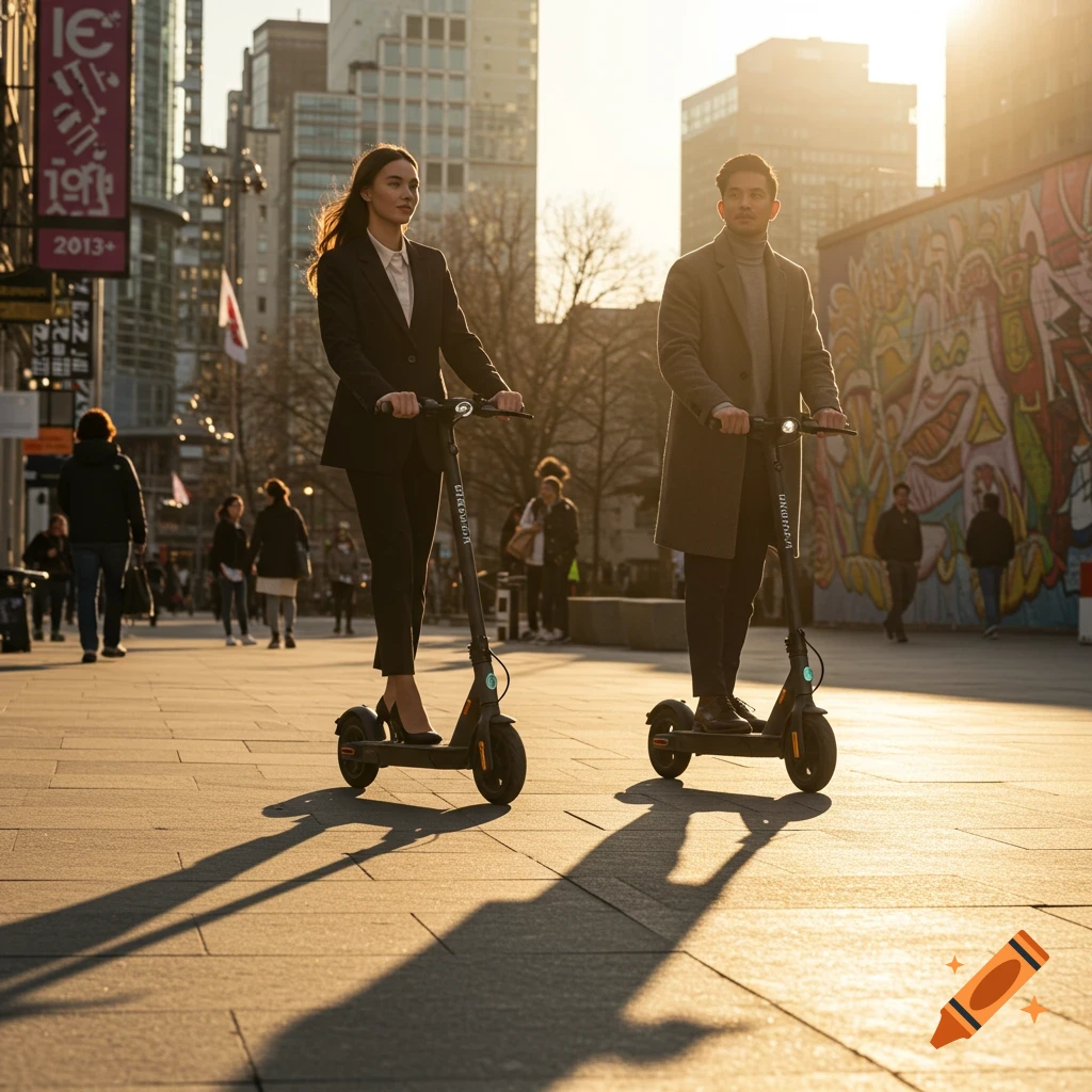 Two people in business casual attire ride electric scooters on a sunny city street, with tall buildings and a colorful mural in the background.