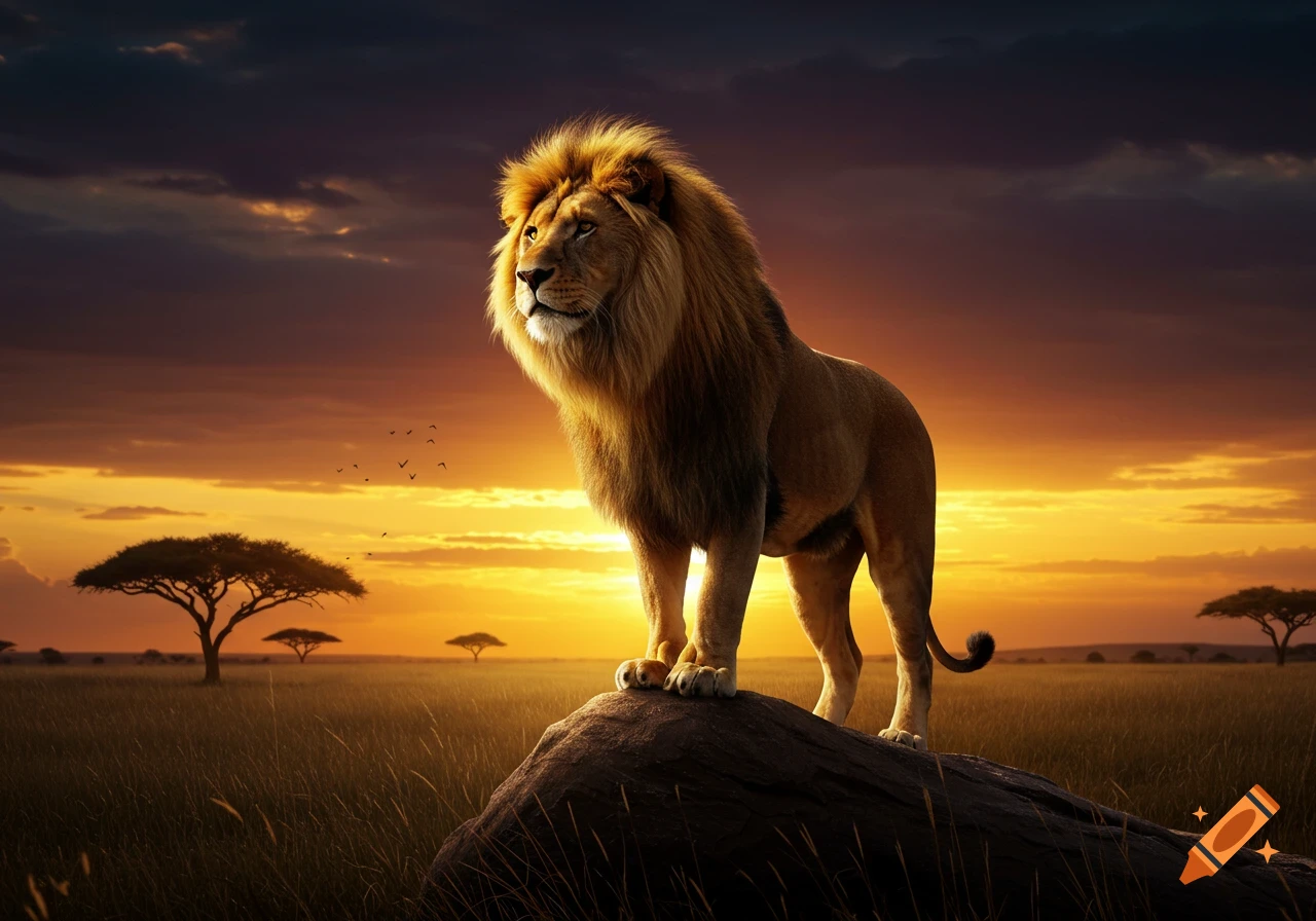 A majestic male lion stands on a rock, silhouetted against a vibrant orange and purple sunset in an African savanna.