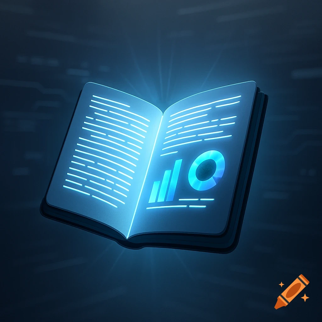 A glowing blue open digital book displays abstract data visualizations and lines of text against a dark, futuristic background.