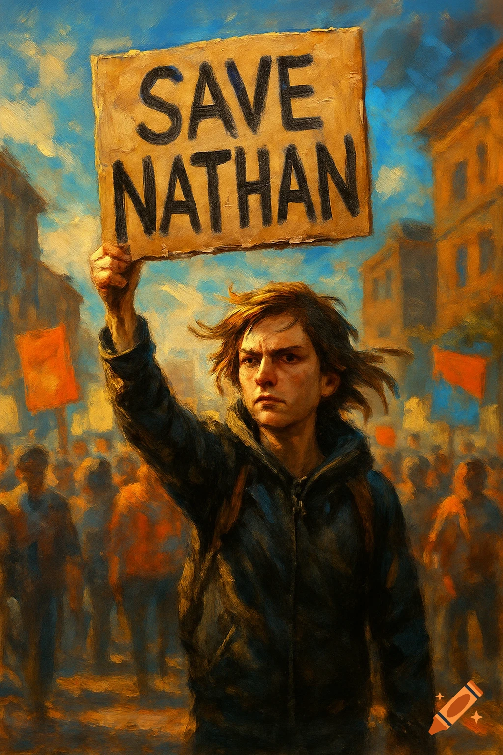A close-up, painterly depiction of a determined person holding a 'SAVE NATHAN' protest sign amidst a blurry crowd.