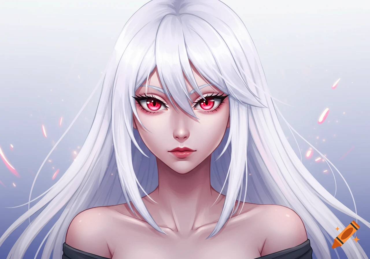 An anime-style portrait of a woman with long white hair and striking red eyes, against a light background with subtle glowing elements.