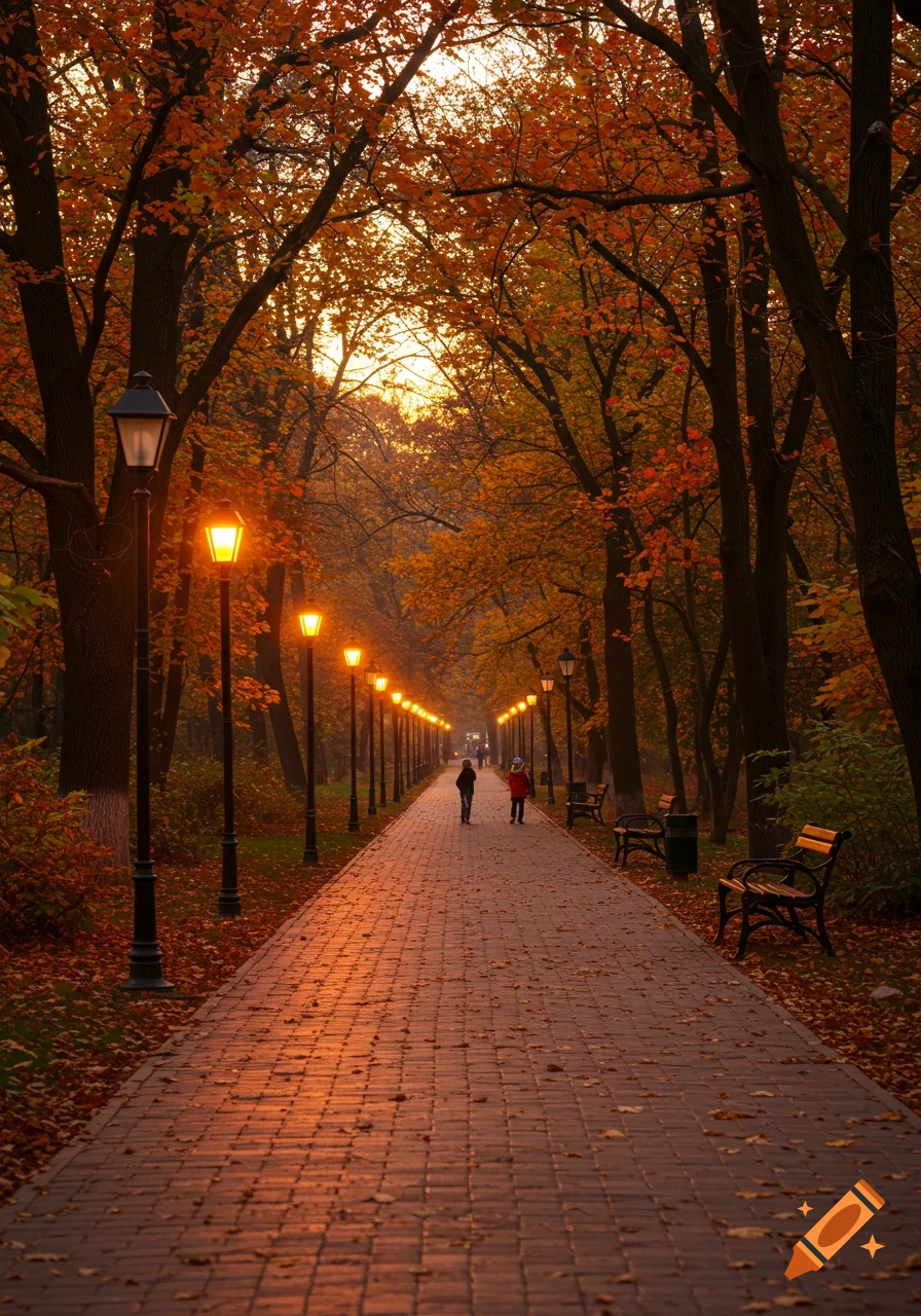 A photorealistic park pathway lined with glowing streetlights and autumn trees at sunset, with two small figures walking.