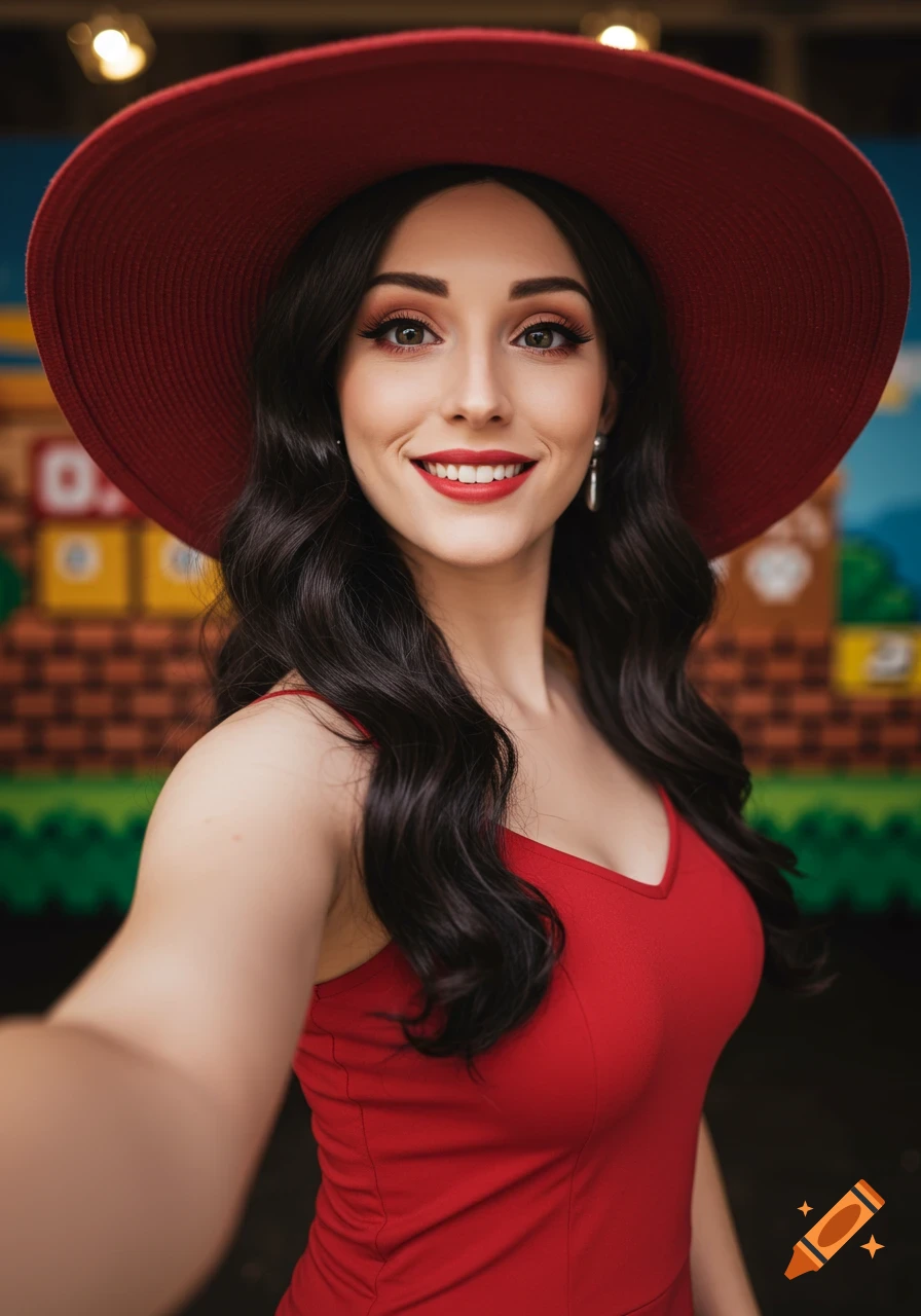 A smiling woman with dark hair, a red hat, and a red dress takes a selfie, cosplaying as Pauline from the Mario series, with a pixelated background.