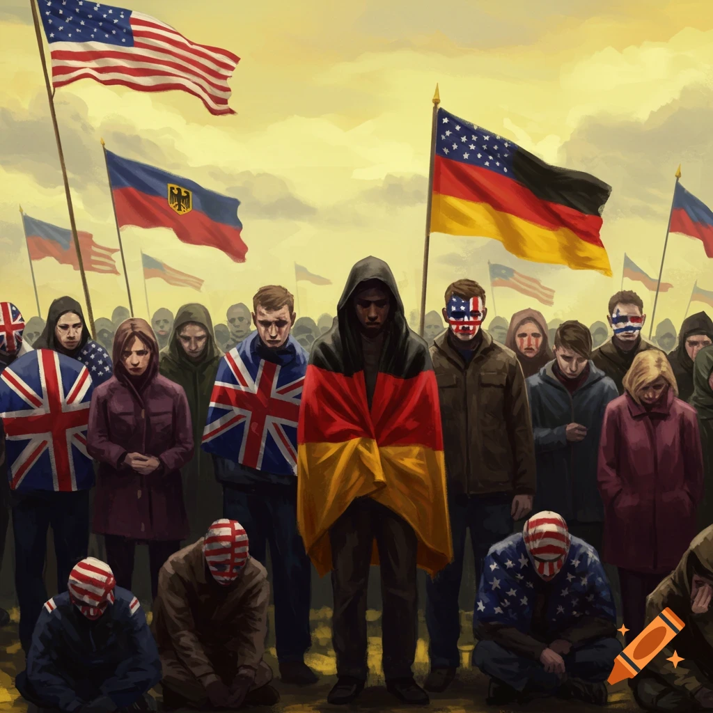 Solemn crowd of people, some wrapped in or adorned with German, UK, and USA flags, against a stormy sky in an illustrative style.