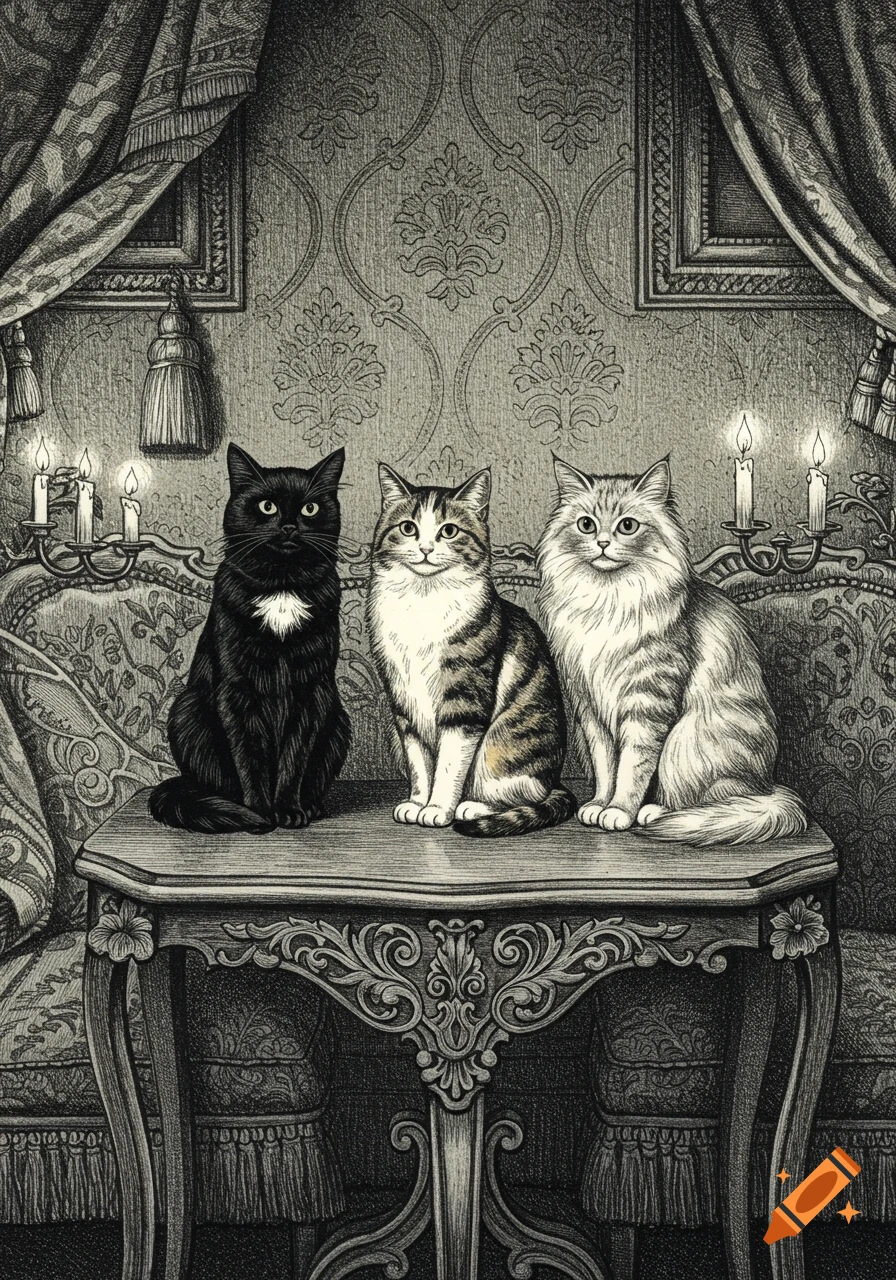 An engraving of three cats a black cat, a tabby, and a white fluffy cat sitting on an ornate table in a candlelit room.